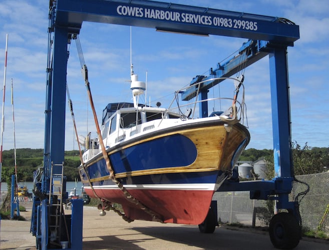 BOSCAWEN - Nelson 44 Escort Motor Yacht in the slings at Kingston Wharf, Cowes