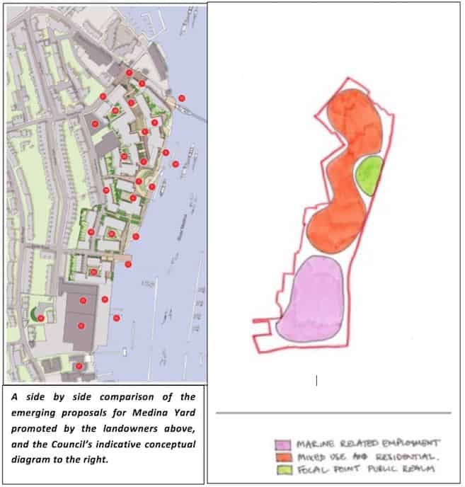 Figure 1 Comparison of the emerging proposals for Medina Yard promoted by the landowners above, and the Council’s indicative conceptual diagram to the right