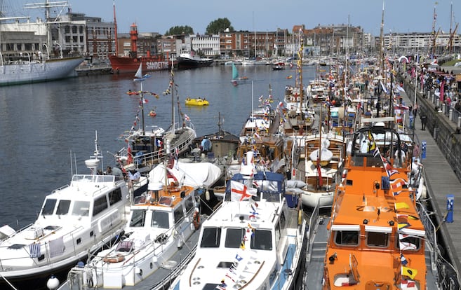The 2015 Little Ships gathered together with several of the escort boats in the Bassin du Commerce, Dunkerque