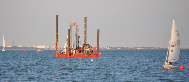 Jack-up barge Coastal Explorer at work in Cowes Harbour