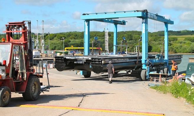 Repaired Trinity Landing pontoon in Kingston boat hoist